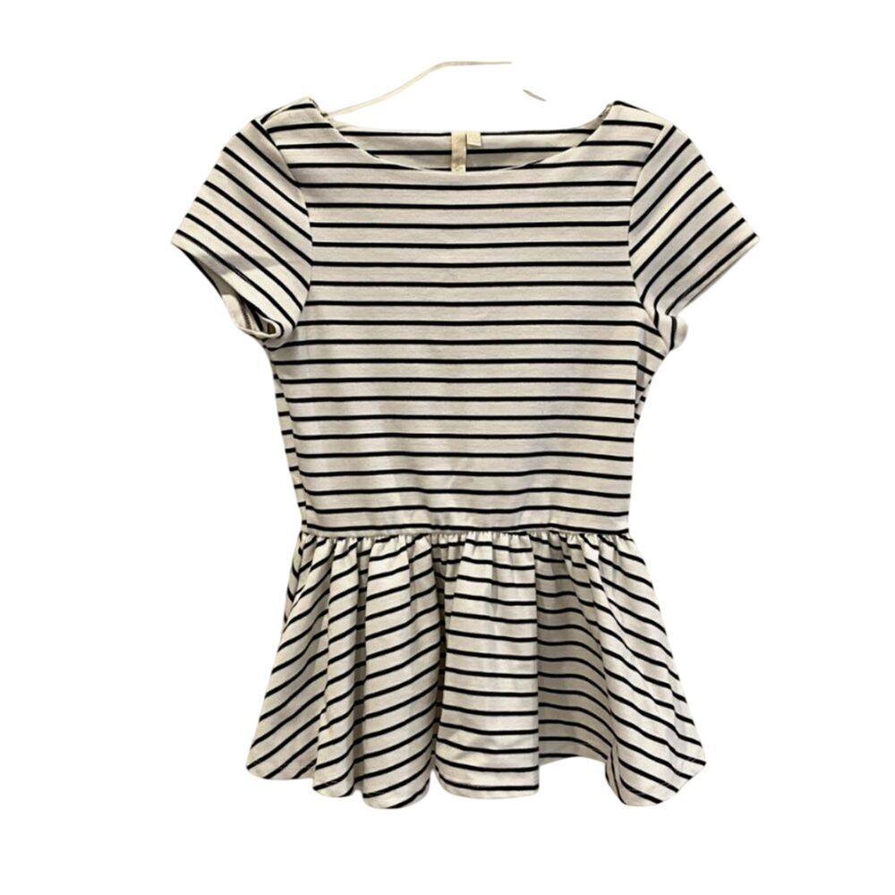 Anthropologie Peplum Waist Fitted Top White Black Stripe Short Sleeve X-Small